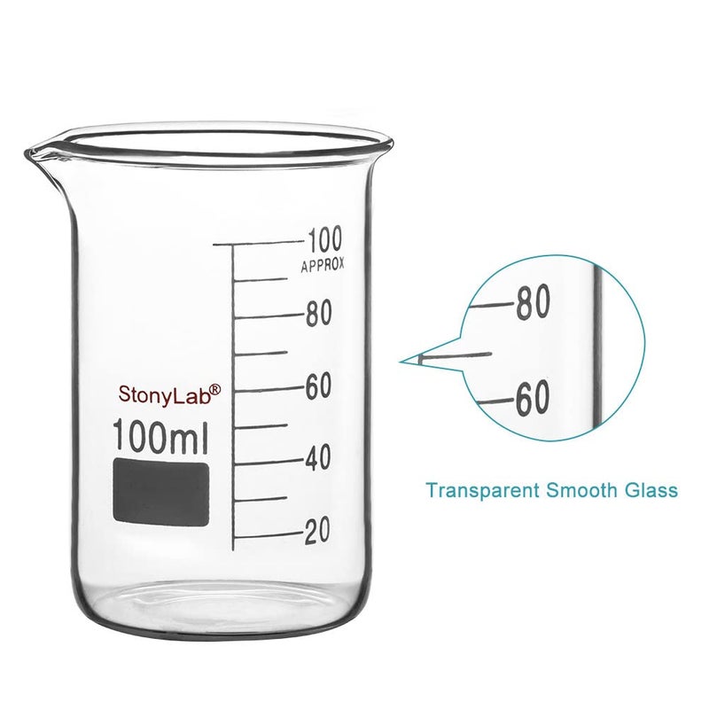 stonylab كوب زجاجي 1 عبوة زجاج بوروسيليكات متدرج شكل منخفض كوب غريفين مع فوهة صب، 100 مل - Image 3